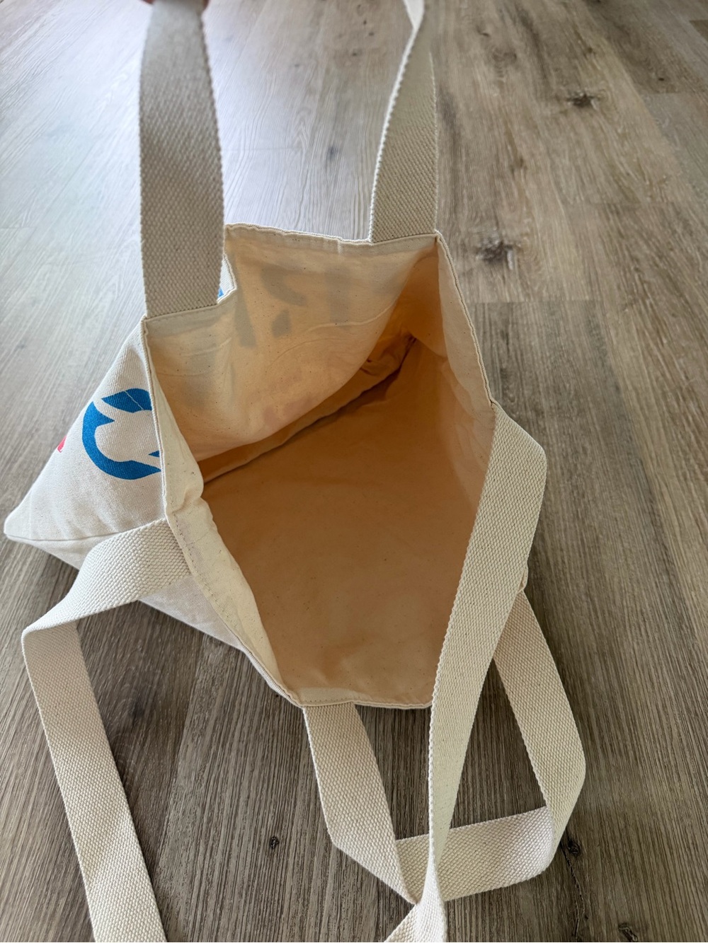 Byredo Blanche Canvas Tote in Cream with Blue & Red Logo Print - Picture 3 of 4
